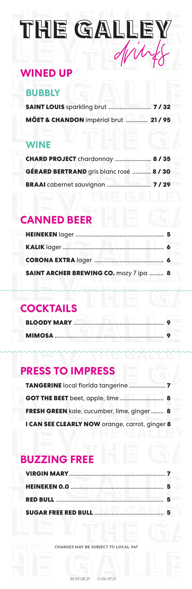 The Galley Drinks Menu