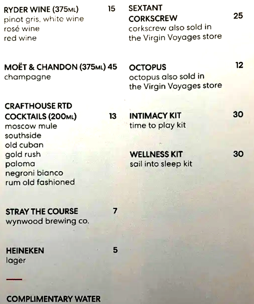Virgin Voyages Cabin Mini Bar and Retail Menu