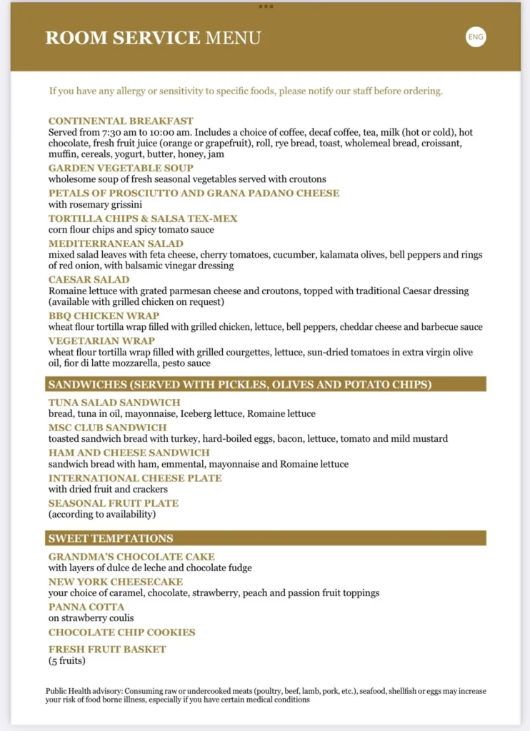 MSC Yacht Club Room Service Menu Page 1
