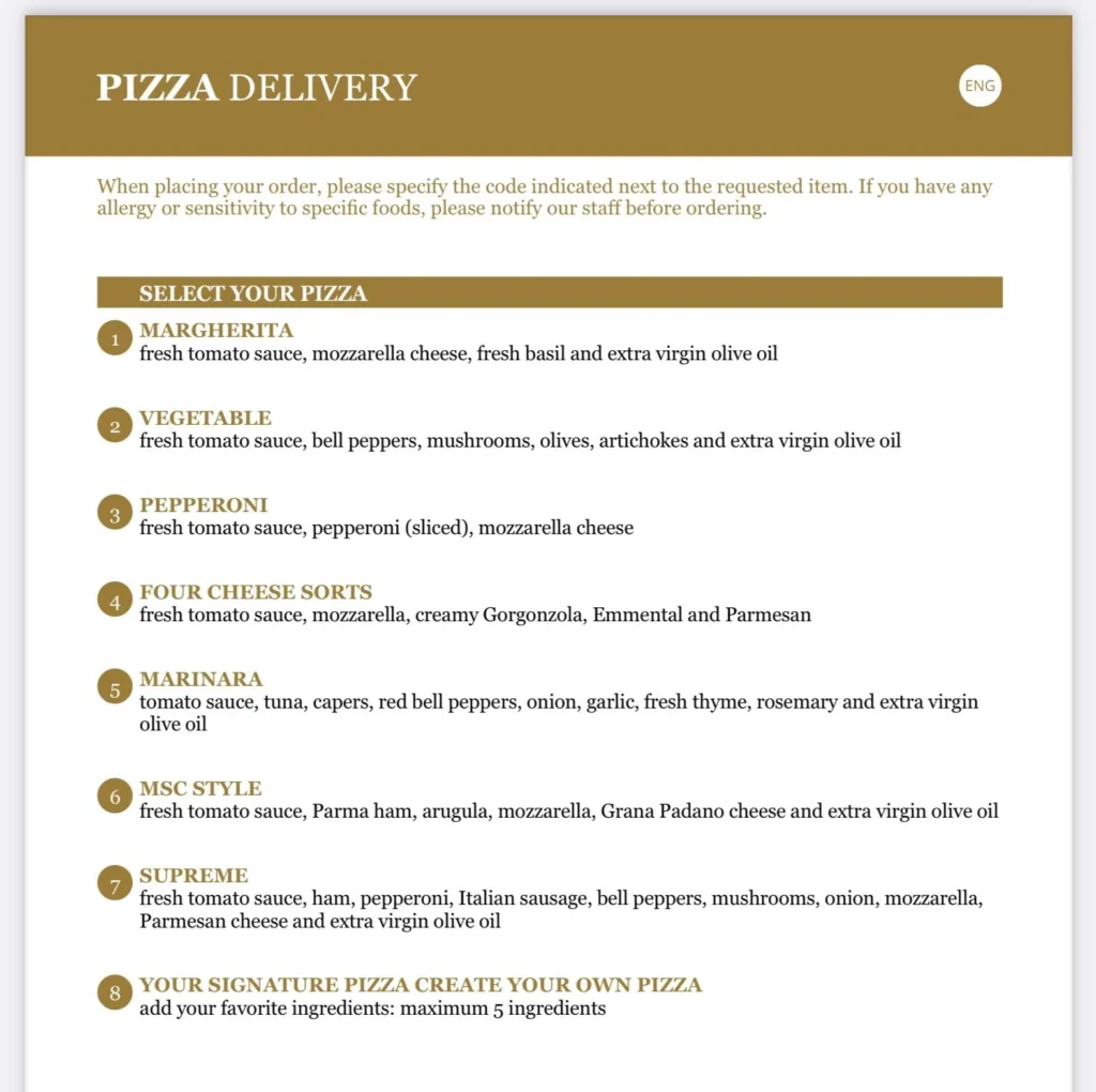 MSC Yacht Club Room Service Menu Page 2